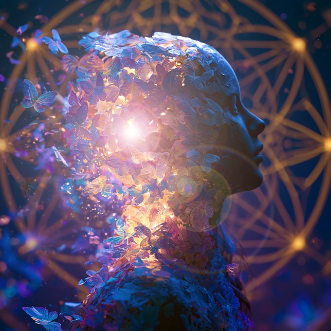 A surreal digital artwork depicting a silhouette of a woman's profile in profile view, composed of glowing butterflies and light, set against a dark blue background with sacred geometry patterns.