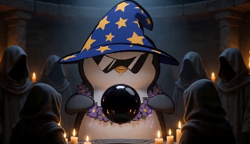 A cute penguin dressed as a wizard with a starry hat conjures a glowing crystal ball, surrounded by hooded figures in a candlelit chamber, evoking a magical reveal of rewards from the 8.5 Airdrop AMAs featuring DappOS, PEAQ, Ritual, and Somnia.