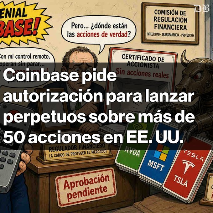 A Spanish-language cartoon illustration shows a financial regulator with Spanish text reading 'Coinbase pide autorización para lanzar perpetuos sobre más de 50 acciones en EE. UU.' alongside stock ticker cards for NVDA, MSFT, and TSLA.