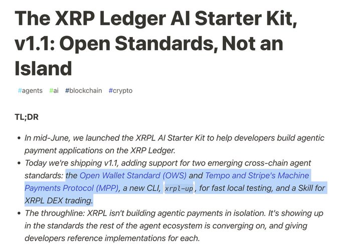 The image shows a blog post titled "The XRP Ledger AI Starter Kit, v1.1: Open Standards, Not an Island," which announces v1.1 of the XRPL AI Starter Kit, adding support for the Open Wallet Standard (OWS) and Stripe's Machine Payments Protocol (MPP), along with a new CLI "xrpl-up" and a Skill for XRPL DEX trading. The accompanying post highlights that RippleX has integrated XRPL settlement into Stripe/Tempo's Machine Payments Protocol, directly reflecting the MPP support mentioned in the highlighted text of the image, which emphasizes XRPL's role in emerging cross-chain agent standards rather than working in isolation.