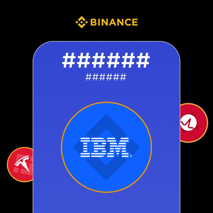 A promotional graphic for Binance featuring a blue card with the IBM logo, redacted text, and floating cryptocurrency icons against a black background.