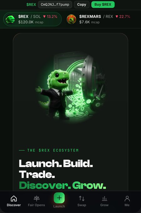 A mobile app screenshot showing the $REX cryptocurrency ($120.0K mcap, down 13.2%) and $REXMARS ($7.6K mcap, down 22.7%), featuring a 3D illustration of a dinosaur mascot in a suit next to a vault of coins with the text 'Launch. Build. Trade. Discover. Grow.'
