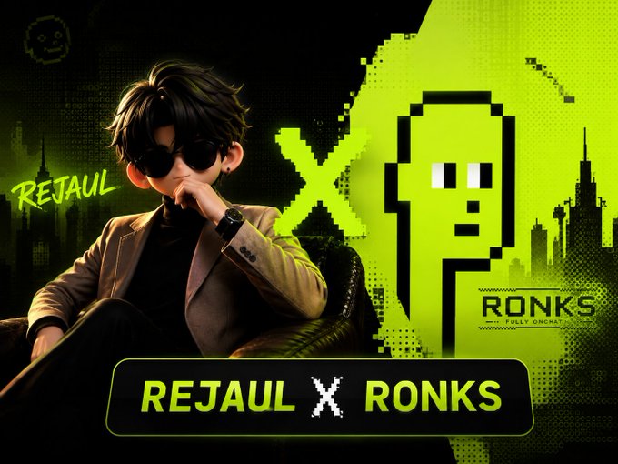 Promotional graphic for a "REJAUL X RONKS" NFT giveaway, featuring a 3D-styled character in sunglasses alongside a pixelated ghost mascot and green "RONKS - Fully Onchain" logo, advertising 10 GTD spots with details on supply (4444), price (0.0003 ETH), and an August 10 deadline for eligible participants.