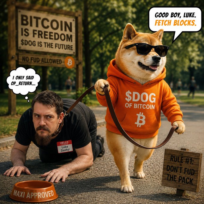 A satirical crypto meme showing a Shiba Inu in sunglasses and an orange '$DOG OF BITCOIN' hoodie walking a human on a leash like a dog, with signs reading 'BITCOIN IS FREEDOM $DOG IS THE FUTURE' and 'RULE #1: DON'T FUD THE PACK.'