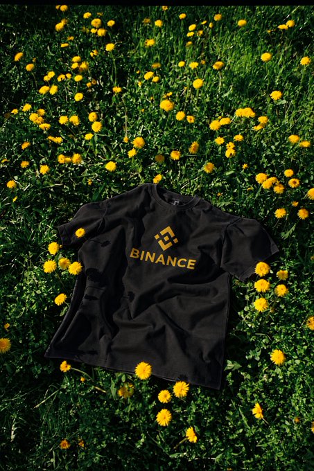 A black t-shirt featuring the "BINANCE" logo in gold lettering lies spread across a vibrant green field dotted with bright yellow dandelions, capturing a stylish, nature-inspired moment that perfectly complements the carefree vibe of "Binance swag, any day."