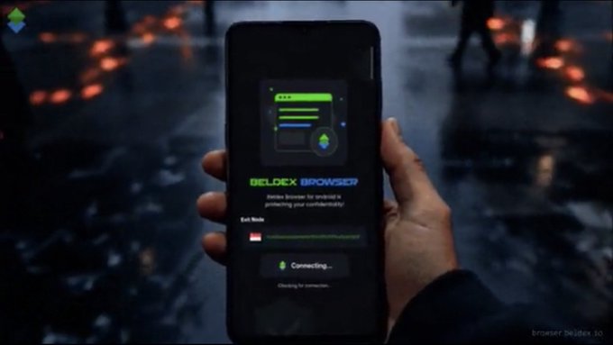 A hand holding a smartphone displaying a 'Beldex Browser' VPN interface with 'Connecting...' on the screen, set against a dark background with fire effects.