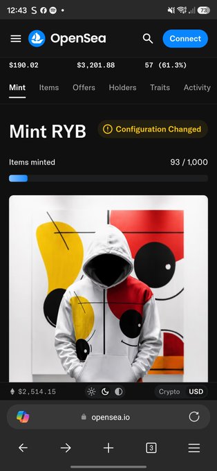 A screenshot of the OpenSea app showing a "Mint RYB" NFT collection page with 93/1000 items minted, featuring an image of a person in a white hoodie with a blacked-out face in front of colorful abstract art.