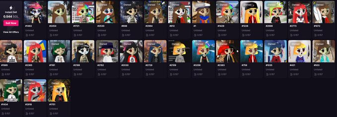 A screenshot of a NFT marketplace display page shows a grid of cartoon pony character avatars, each labeled 'Owned' with individual item IDs and prices in SOL.