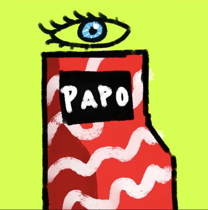 A hand-drawn illustration of a red rectangle with the word 'PAPO' in a black box, topped with a large blue eye, set against a lime green background.