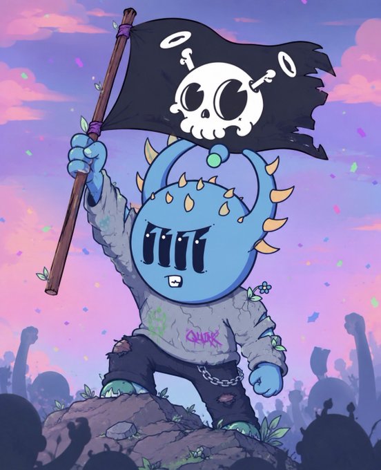 A cartoon illustration of a blue, round-headed character in a grey jacket and black pants holding up a pirate flag with a skull design against a purple sunset sky.