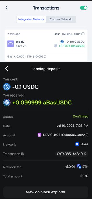 Mobile app transaction screen showing a 'Lending deposit' on the Base network: sent 0.1 USDC and received 0.099999 aBasUSDC, confirmed on Jul 16, 2026, with a network fee under $0.01 in ETH.