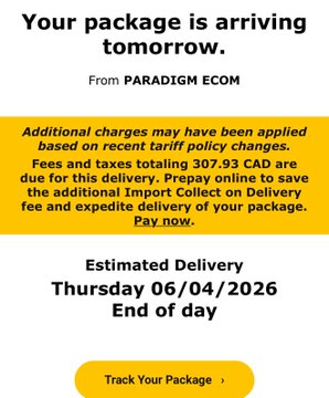 The image shows an email about delivery charges, specifically related to a package that arrived at a store called "Bayc". The message indicates there are additional fees for postage based on the Canadian postal codes of the recipient's address, as well as other duties like prepayment online and saving the additional Import Collecton on Delivery via a dedicated online collection. The email also mentions some charges or customs duty due to a recent change in the postal policy related to parcel deliveries made today.