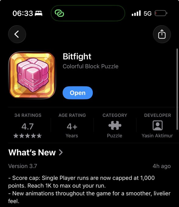 An App Store screenshot showing 'Bitfight - Colorful Block Puzzle' by Yasin Akturun with 4.7 rating, version 3.7 update notes from 4h ago.