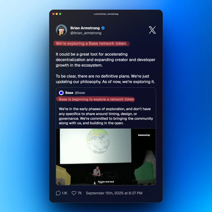 The image shows a tweet from Brian Armstrong (@brian_armstrong) on X dated September 15th, 2025, quoting a Base post about exploring a network token, which the accompanying post critiques for the lack of updates nearly a year after the original announcement. The tweet references an image of a speaker at what appears to be a "basecamp" event.