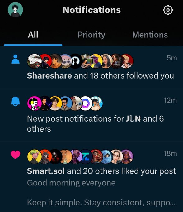 A dark-mode mobile notifications screen showing new followers from 'ShareShare and 18 others', post notifications from 'JUH', and likes from 'Smart.sol and 20 others' on a post reading 'Good morning everyone'.