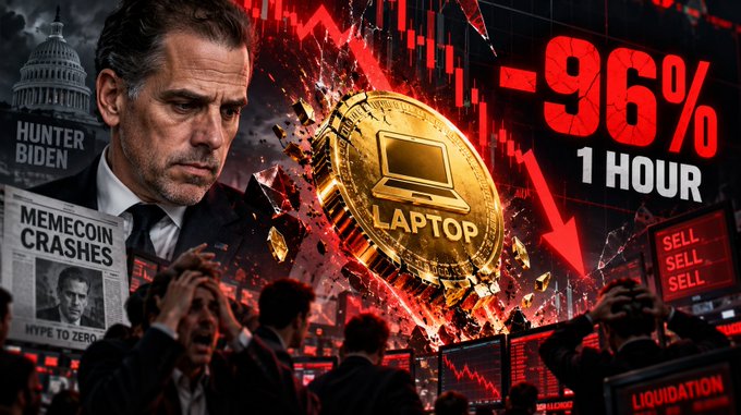A dramatic thumbnail featuring Hunter Biden's face beside a shattered golden "LAPTOP" coin, a newspaper headline reading "MEMECOIN CRASHES," and red crash graphics showing "-96% 1 HOUR" and "SELL SELL SELL."