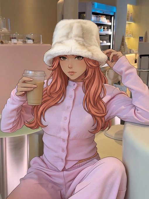 An anime-style illustration of a woman with long reddish-orange hair wearing a white fuzzy bucket hat and pink button-up outfit, holding an iced coffee in a cafe setting.