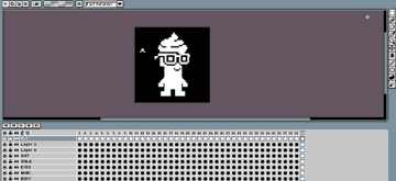 A retro computer screen displays a pixelated character that looks like a one-eyed, snow-capped figure against a dark background.