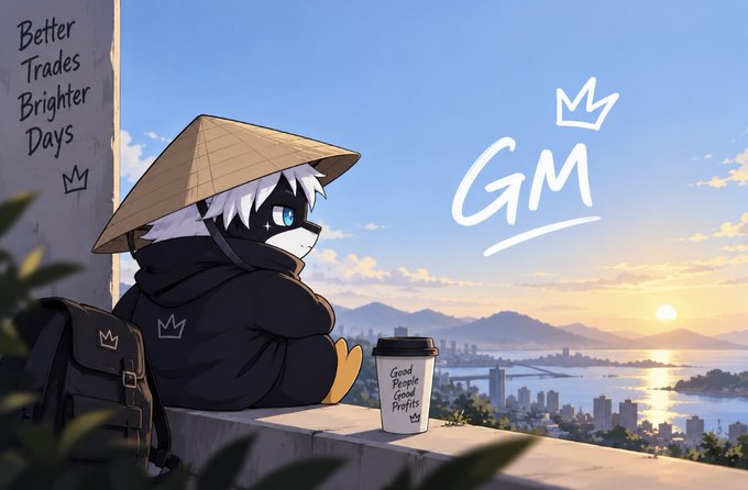 An anime-style illustration of a white-haired character wearing a conical hat and black jacket, sitting on a ledge overlooking a coastal city at sunset, holding a coffee cup labeled 'Good People, Good Profits'. The text 'GM' with a crown is drawn on the wall beside them.