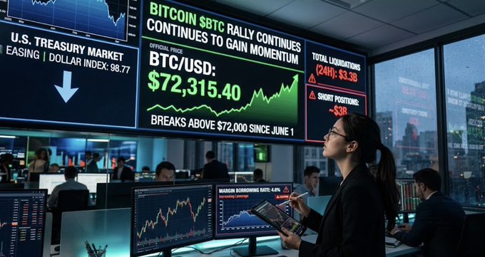 A financial trading floor scene with large screens displaying Bitcoin's rally, showing 'BTC/USD: $72,315.40' breaking above $72,000 since June 1, alongside U.S. Treasury Market updates and liquidation data.