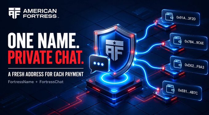 A promotional graphic for American Fortress with the text 'ONE NAME. PRIVATE CHAT. A FRESH ADDRESS FOR EACH PAYMENT' alongside 'FortressName + FortressChat', featuring a shield logo connected to several crypto wallet addresses.