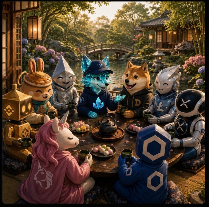 A whimsical scene shows various crypto-themed characters—including figures labeled with "3%" and "2%," alongside a "YFSX" emblem—gathered around a tea table in a traditional Japanese-style room, visually personifying the dual-token ecosystem where these percentages represent the distinct transaction fees of the two tokens.
