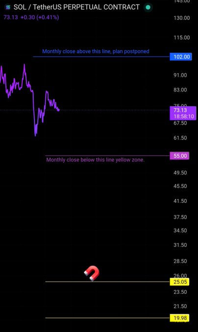 The image shows a TradingView chart of the SOL/TetherUS Perpetual Contract priced at 73.13 (+0.41%), with annotated key levels at 102.00 (bullish trigger), 55.00 (yellow pullback zone), and lower support levels at 25.05 and 19.98, illustrating potential price zones for $SOL's pullback scenario.
