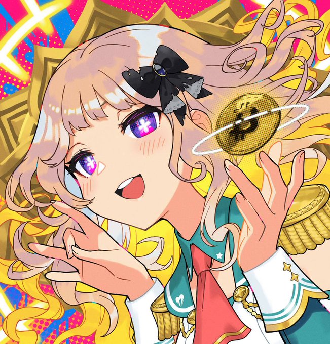 An anime-style illustration depicts a cheerful pink-haired girl with purple starry eyes wearing a teal and white outfit with gold epaulettes, holding up a gold coin marked with a dollar sign ($). The accompanying caption appears to be a heartfelt tribute from someone in the Web3 community thanking their original artist collaborator "MEGAMI" for supporting their journey, with the character art representing the artist herself.