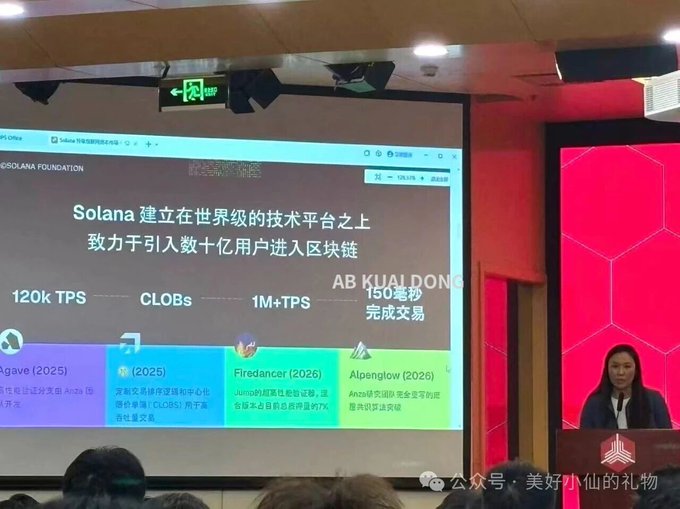 A woman presents at a Solana Foundation event in Shanghai, displaying a slide about Solana's technology platform goals including "120k TPS," "CLOBs," "1M+TPS," and a milestone labeled "AB KUALA DONG 150毫秒 完成交易." The image illustrates the high-profile, bold nature of Solana's China marketing efforts referenced in the post.