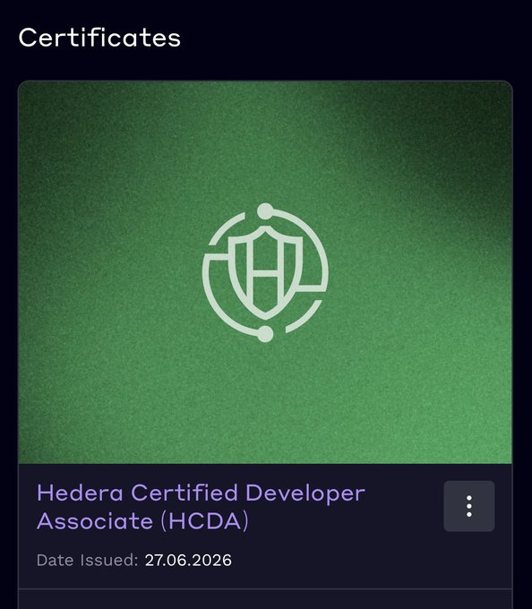 Digital certificate badge for 'Hedera Certified Developer Associate (HCDA)' with a green background and Date Issued: 27.06.2026.