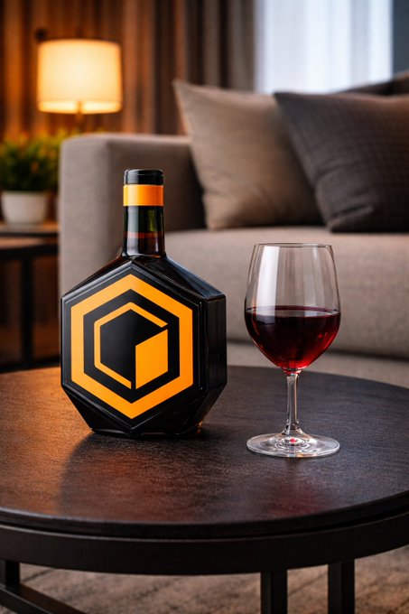 A product-style image showing a geometric black and orange bottle (featuring a hexagonal logo) next to a wine glass filled with red liquid, set on a dark wooden coffee table in a modern living room.