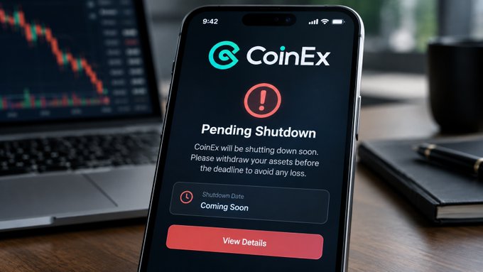 A smartphone displays a 'Pending Shutdown' warning from CoinEx with a red exclamation icon, advising users to withdraw assets before the deadline. A laptop showing a declining trading chart is visible in the background.
