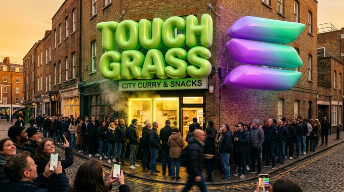 A crowded street scene shows people gathered outside "TOUCH GRASS - CITY CURRY & SNACKS" café at dusk, with large glowing 3D text reading "TOUCH GRASS" in green above the storefront, a colorful purple-to-cyan ticker sign on the building's side, and onlookers filming with smartphones—visually capturing the post's concept of a memecoin ticker being "spawned" over a real-world café on Solana.