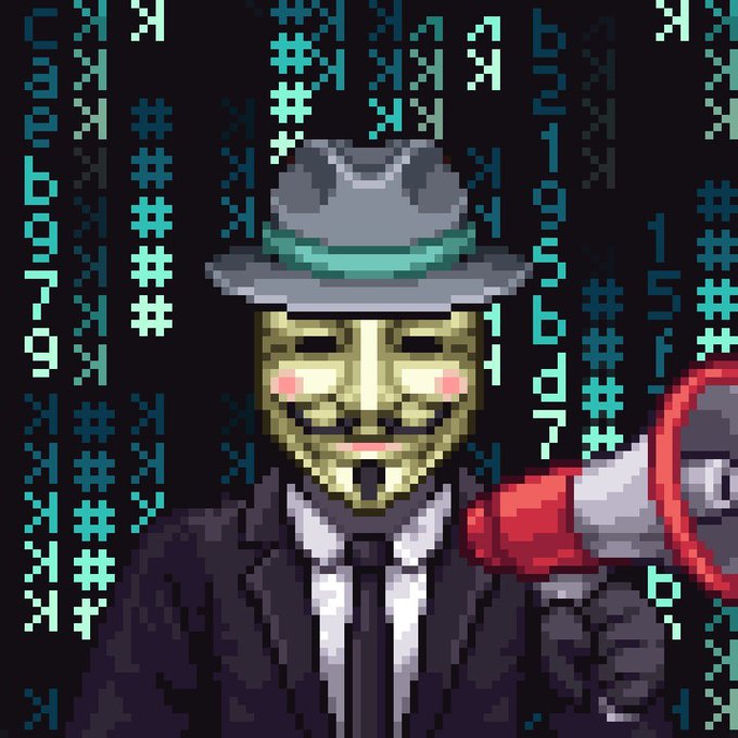 A pixel art style illustration of a character wearing a suit and a Guy Fawkes mask, with a digital code-like pattern in the background.