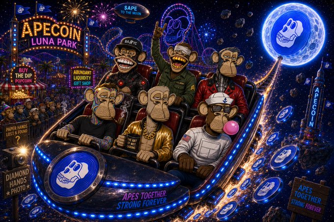 A vibrant Bored Ape-themed digital artwork depicts anthropomorphic apes riding a roller coaster through a cosmic "APECOIN LUNA PARK" amusement park, with visible text including "BUY THE DIP POPCORN," "ABUNDANT LIQUIDITY GIFT SHOP," and "APES TOGETHER STRONG FOREVER" beneath a glowing ape logo moon and "SAPE To the Moon" sign—perfectly capturing the post's message that the wild ups and downs of $APE are part of the thrill of the ride.