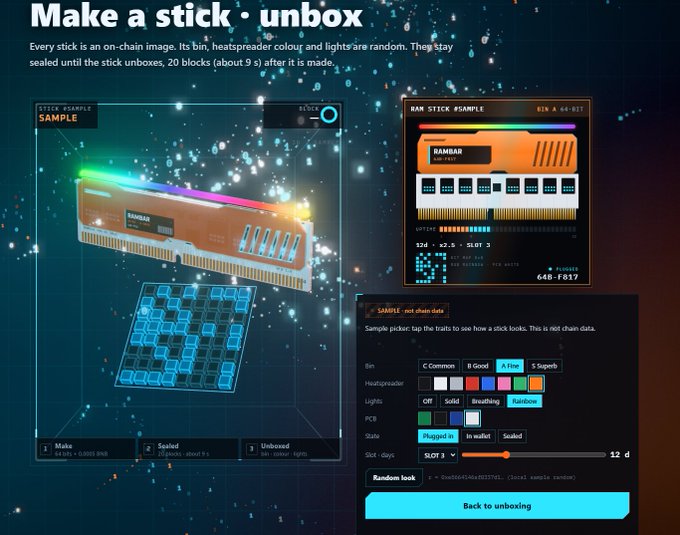 A screenshot of an NFT/collectible interface for "Make a stick • unbox" showing a glowing RAMBAR RAM stick collectible with sample data, status options (plugged in, in wallet, sealed), and randomization features.