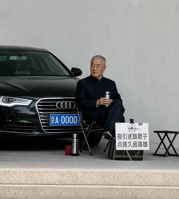 An older Chinese man in a dark suit sitting on a folding chair next to a black Audi with license plate '京A·00000,' holding a thermos, with a sign in Chinese that reads '指引迷路君子 点拨久困英雄' (meaning 'Guide lost gentlemen, inspire long-stuck heroes'), suggesting a fortune teller setup.
