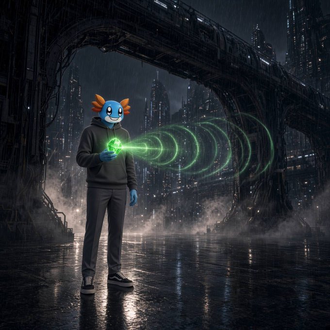 A blue anthropomorphic axolotl-like creature in a hoodie holding a glowing green crystal that emits circular energy waves in a dark cyberpunk city.