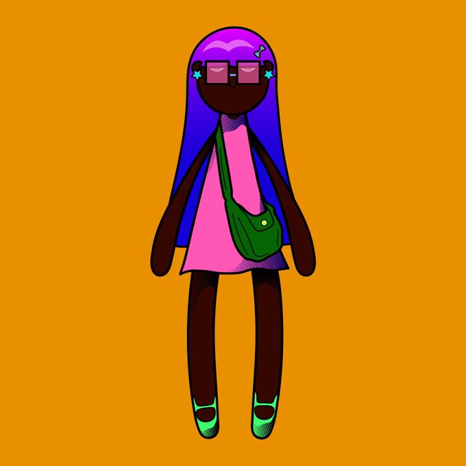 A stylized digital illustration of a character with long purple hair, pink sunglasses, a pink dress, a green crossbody bag, and green shoes against an orange background.