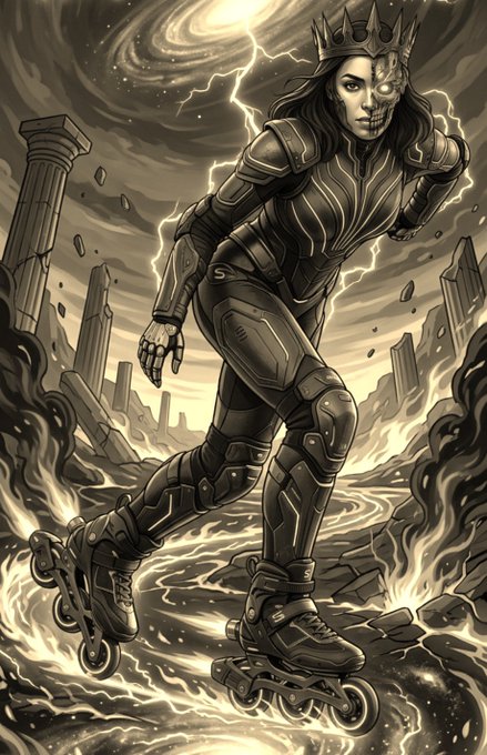 A stylized, sepia-toned illustration of a dark queen wearing a crown and futuristic combat armor, with a cybernetic eye, skating through a ruined city on inline skates under a swirling cosmic sky.
