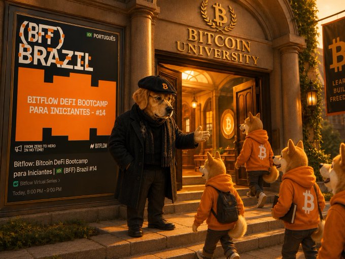 An AI-generated promotional image for 'BITCOIN UNIVERSITY' and 'BFF BRAZIL' featuring an anthropomorphic dog instructor welcoming students outside a grand building, advertising 'BITFLOW DEFI BOOTCAMP PARA INICIANTES - #14'.