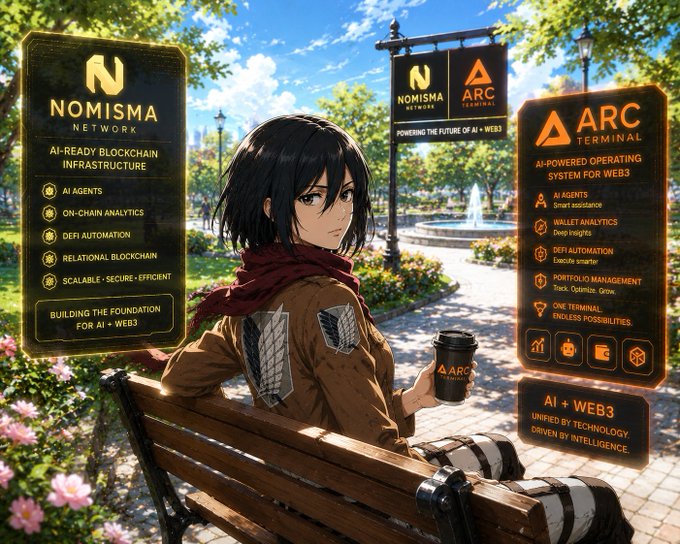 Anime-style illustration of a dark-haired character in a brown jacket sitting on a park bench holding an ARC Terminal coffee cup, with promotional panels for 'NOMISMA NETWORK' (AI-Ready Blockchain Infrastructure) and 'ARC TERMINAL' (AI-Powered Operating System for Web3).