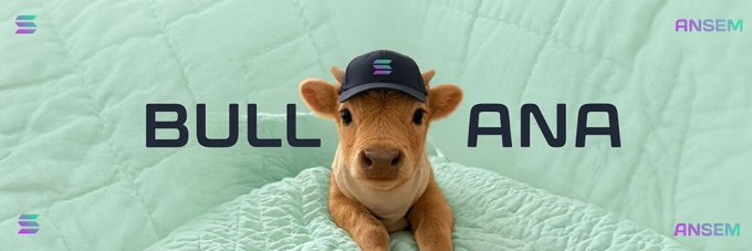 A promotional banner for ANSEM featuring a baby calf wearing a black ANSEM cap, with the text 'BULL ANA' in large dark letters on a light green quilted background.
