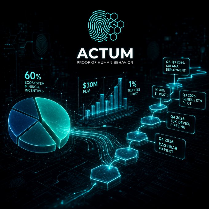 A dark tech-style infographic for "ACTUM — PROOF OF HUMAN BEHAVIOR" showing a 60% ecosystem pie chart, $30M FDV, 1% true free float, and a roadmap including Q2-Q3 2026 Solana deployment, Q3 2026 Genesis DTN Pilot, Q4 2026 10K-device pipeline and PU pilot, and H1 2027 EU Pilots.