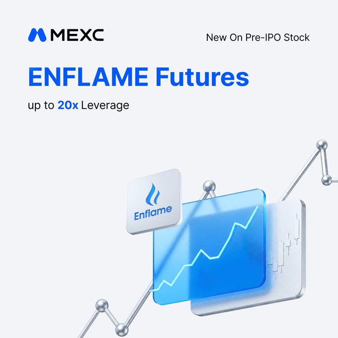 A promotional graphic for MEXC announcing 'ENFLAME Futures' as a new pre-IPO stock with up to 20x leverage, featuring the MEXC and Enflame logos with a rising chart design.