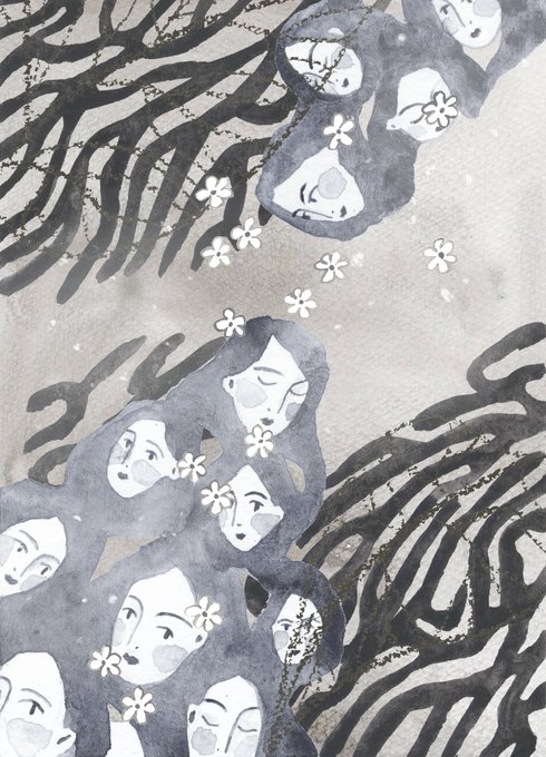 A flowing, monochromatic ink illustration featuring ethereal figures with delicate facial features emerging from dark, wave-like forms, interspersed with small white blossoms. The dreamy, abstract composition reflects the dynamic, ever-changing nature of the "Monorchrome" generative artwork.