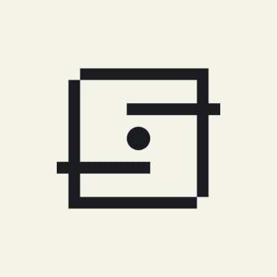 A minimalist black logo on a cream background depicting a stylized square face with a single dot eye and intersecting lines.