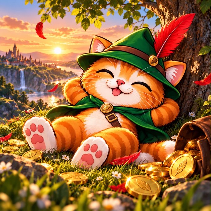 An illustrated cute orange tabby cat wearing a green Robin Hood-style hat with a red feather and matching cape, sitting in grass surrounded by gold coins with a sunset landscape in the background.