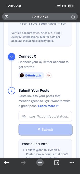 A mobile screenshot of conso.xyz showing account verification steps to 'Connect X' (Twitter) and submit posts mentioning @conso_xyz, with the username @Amiro_ir connected.
