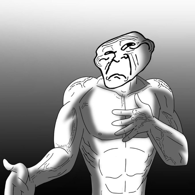 A black and white digital illustration of a muscular, bald figure with a distorted, expressive face, gesturing with one hand across his chest against a gradient background.